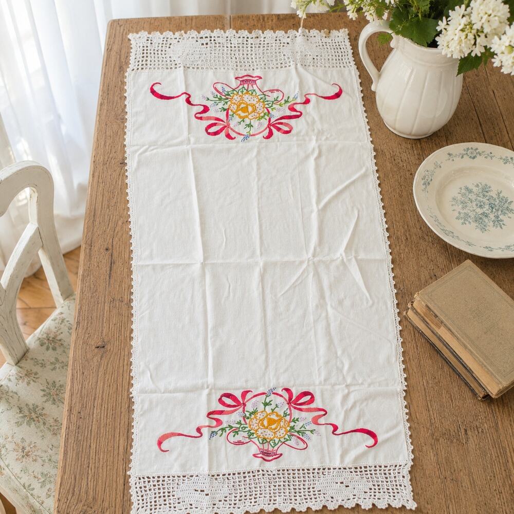 Vintage Floral Basket Embroidered Dresser Scarf Linen Runner Double Sided 32"